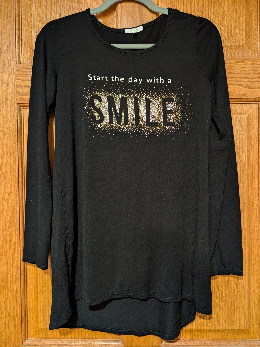 Maurices Black Long-Sleeve Tunic with Gold 'SMILE' Graphic